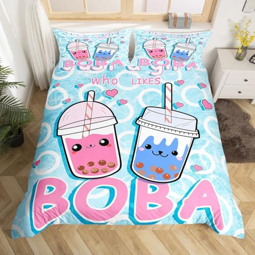 Loussiesd Boba Betten Set Boba Bettbezug Set Kawaii Bubble Tea Stuffed Bettwäsche Set 135x200cm für Kinder Erwachsene Cartoon Boba Bettdeckenbezug Bettwäsche Reißverschluss