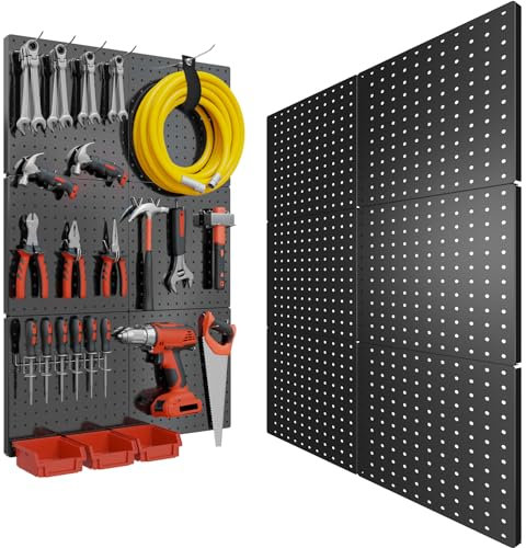 FZK Stecktafel, Metall-Stecktafel, 6 Stück, Stecktafel, Wand-Organizer mit 2 Installationsmöglichkeiten des Bohrens und ohne Bohren. Stecktafel für Wände, Garage, Bastelraum, 30,5 x 30,5 cm, Schwarz