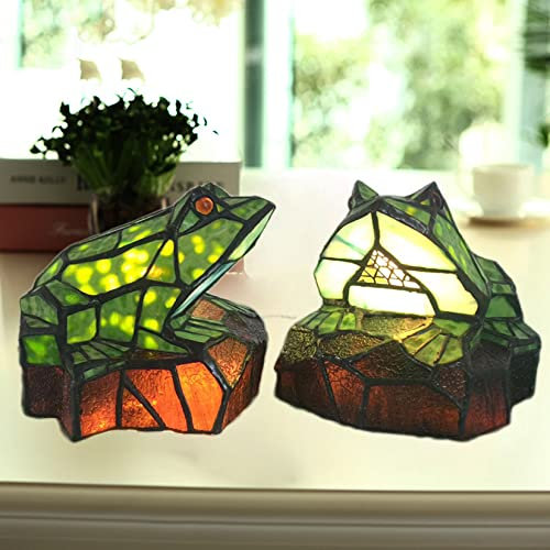 BOTOWI Frosch Tisch Schreibtisch Licht Tiffany Stil Buntglas Akzent Lampe, Grün Schlafzimmer Nachttisch Nachtlichter Halterung Für Kinder, Nette Kinderzimmer Lampe Geschenk Für Kinderzimmer,2pcs