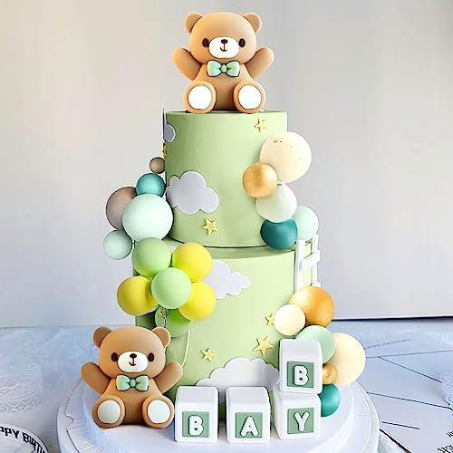 JeVenis Sage Green Baby Shower Cake Decoration Teddy Bear Cake Topper Gender Reveal Cake Decoration Bear Baby Shower Party Supplies Teddy Bear Decoration