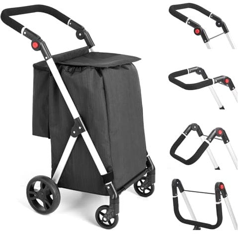 LEUYA ABC Einkaufstrolley, 46L Trolly Einkaufswagen Klappbar, 4 Rädern Aluminium Leichtgewicht Einkaufstrolley, mit Isolierter Kühltasche, Stabil und Leicht zu Verstauen Einkaufswagen (Schwarz)