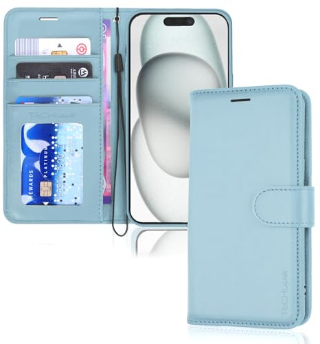 TECHGEAR iPhone 15 Plus Leather Wallet Case, Flip Protective Case Cover with Card Holder, Stand and Wrist Strap - Light Blue PU Leather Case with Magnetic Closure Designed for iPhone 15 Plus 6.7