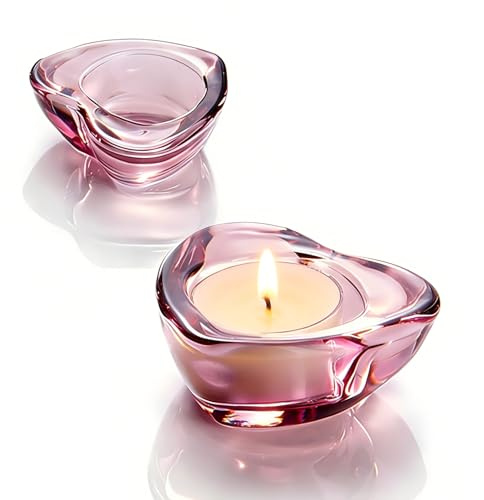 Elivia Rote Teelichthalter - 12er Set Herzförmiger klobiger Glaskerzenhalter 7,4 cm Durchmesser - CH02 - Aubergine Lila