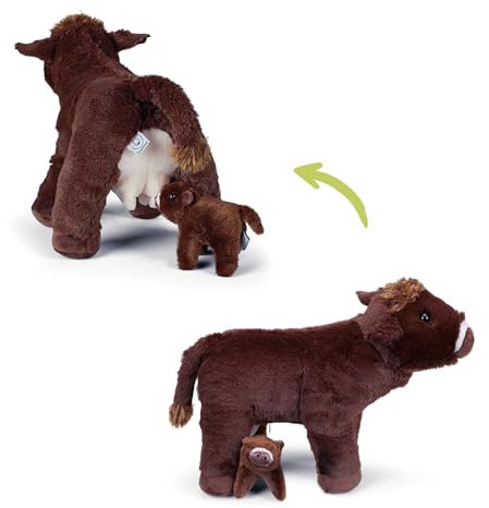 Mamanimals Kuh Kuscheltier mit einem Baby, Baby im Bauch mit Reißverschluss verstaubar, magnetische Zitzen zum Säugen, hochwertiges Plüschtier Set für Kinder
