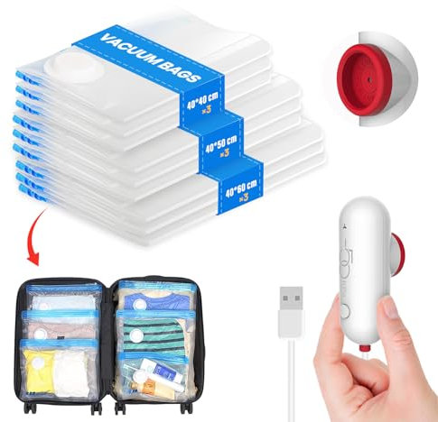 Vacbird Vacuum Storage Bags For Clothes with USB Electric Pump, 9-Pack Vacuum Bags, Clear Seal Bags, Waterproof Luggage Organiser Travel Reusable Ziplock Bags for Clothes, Shoes