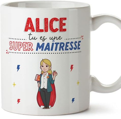MUGFFINS Tazas Personalizadas para MAESTRA mujer - En Francés - Tu es Super! - 11 oz / 330 ml - Regalo Personalizable original y divertido