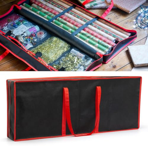 CKB LTD Gift Wrapping Paper Storage Bag Organiser for Christmas Birthday Papers Rolls Ribbons Tags Xmas Craft Decorations - Black 82 x 31 x 13 cm