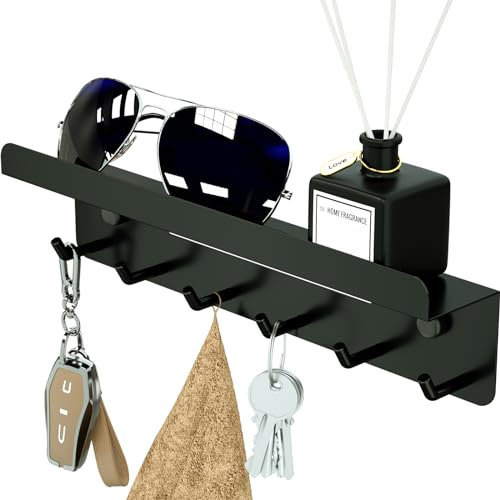 TEEQZIO Portachiavi da parete decorativo per chiavi e posta, con mensola, 6 ganci per chiavi, per corridoio, cucina, ingresso, ufficio, bagno, soggiorno (Nero)