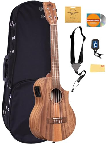 Kala KA-TK-T-CE Teak Tri-Top Tenor-Ukulele mit Cutaway und EQ-Set mit Tasche, Stimmgerät, Aquila-Saiten, Gurt, Austin Bazaar Anleitungs-DVD und Poliertuch