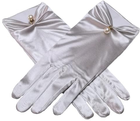 Asudaro Kurze Satinhandschuhe Abendhandschuhe Künstliche Perlen Dekoration Brauthandschuhe 22CM Hochzeitskleid Handschuhe Tea Party Tanzhandschuhe Oper Dinner Handschuhe Silber