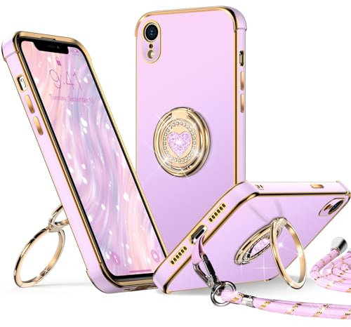 XYZ iPhone XR Case with Stand, Heart Lanyard for Girls Women, Luxury Cute Bling Protective Cover for iPhone XR, Purple