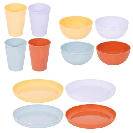 YöL 12 Piece Plastic Ribbed Dining Set 4 Plates, 4 Bowls, 4 Tumblers - Cups Dishes Summer Party Outdoor Picnic BBQ Reusable Snacks
