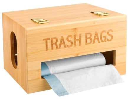 Bvdfgk Trash Bag Holder Dispenser - Bamboo Garbage Bag Organizer Wall Mount for Kitchen Cabinet, Extra Large Hanging Trash Bag Roll Storage Container with Lid under Sink