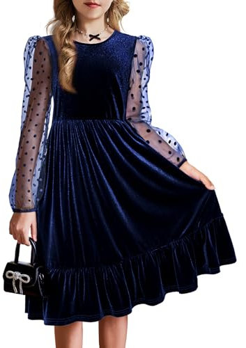 Arshiner Velvet Dress Girls Long Sleeved Dress Ruffles Casual Dress Puff Sleeves Plain Dress A-Line Ball Gown Children Evening Dress Autumn Dress Formal Dress Party Dress with Pockets Blue 6-7 Years