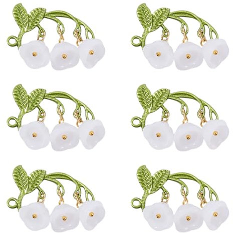 Crafans 10 x Maiglöckchen-Glas-Anhänger, mit grünen Blattlegierung, weiße Blume, baumelnde Glöckchen, für selbstgemachte Halsketten, Ohrringe, Schmuckherstellung, Glas