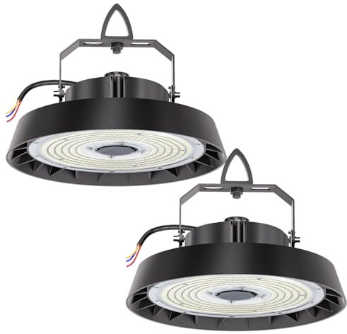 2pcs UFO LED Lámpara Alta Bahía 200W 34000lm, Focos LED Industrial 5000K Blanco Frío, 90° Angle Taller Lámpara, IP65 Impermeable UFO Highbay lamp para Garaje/Fábrica/Almacén/Estadios Deportivos