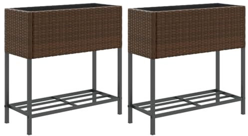 vidaXL Hochbeete mit Ablage 2 STK. Braun 70x28x70 cm Poly Rattan, Pflanzgefäß, Tomaten Pflanzkübel, Kräuterbeet, Blumenkasten, Pflanzkasten
