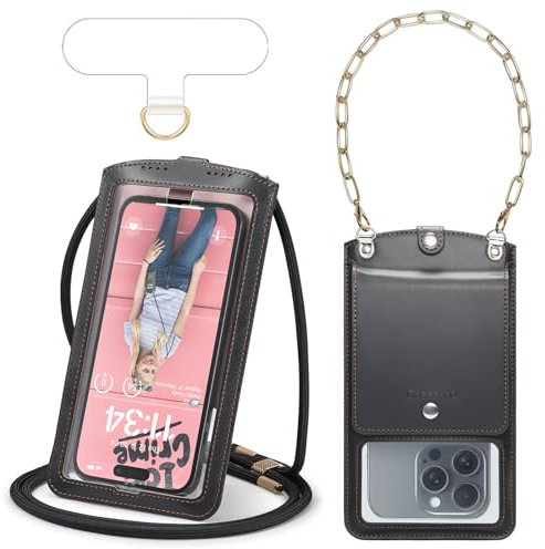 Casecond Handytasche zum Umhängen Geldbörse Universal Crossbody Handy Tasche Kleine Umhängetasche Damen mit Handgelenkkette Metall Handykette Kamera Fenster für iPhone 16 Samsung Bis zu 7.5 Schwarz