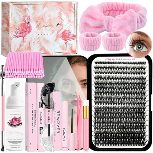 QUKLOGEN Kit d'extension de Cils 340 9-18mm 40D Curl Faux Cils avec Lash Bond and Seal,Dissolvant de Cils,Brosse Cils,Shampoing Cils Brosse Cils Serre Tête Bracelet,Lash Pinces,Mini Applicateu