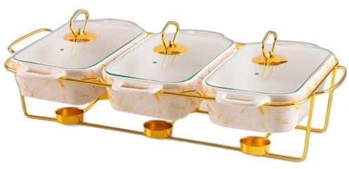 Ceramics Chafing Dish Buffet Set 3 in 1-3x0.9 QT Chafing Dishes for Buffet - Warming Trays for Food - Chafers and Buffet Warmers Sets with Glass Lid for Birthday, Wedding,White