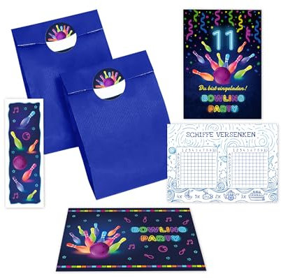 6 Einladungskarten zum 11. Kindergeburtstag Bowling Kegeln Jungen Mädchen Einladung elfte Geburtstag incl. 6 Umschläge, 6 Tüten/blau, 6 Aufkleber, 6 Lesezeichen, 6 Schiffe versenken