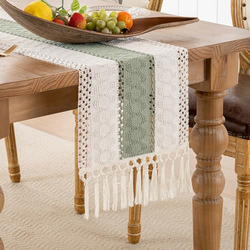 Tischläufer Boho Salbeigrün Baumwollleinen Rustikaler Makramee Quaste Moderne Küche Esstisch Dekoration Abwaschbar Rechteckig Tischläufer für Urlaub Küchen Esstisch Kaffee 30 x 180 cm