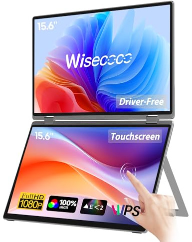 wisecoco 15.6 Dual Touch Screen Portable Monitor for Laptop, IPS Screen Extender 1080P 360° Foldable Stacked with USB-C HDMI Support for PC, Laptop, Windows Mac, No