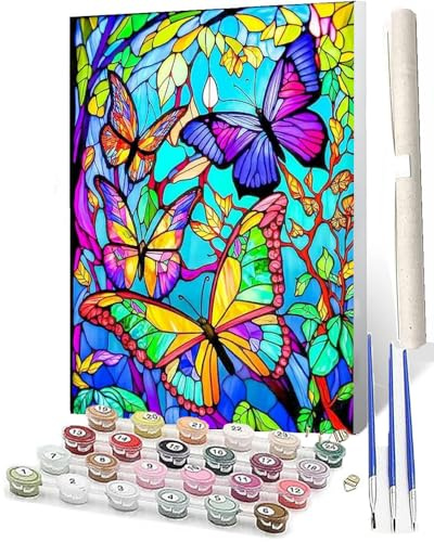 WMZPOY Paint by Numbers for Adults and Modern DIY Paint by Number Stained Glass Painting Butterfly-4 Oil Paintings Arts and Crafts Paint by Numbers Kits Acrylic Painting 16 x 20 Inch
