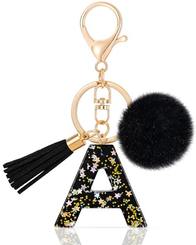 MWOOT Initiale Letter Keychains Porte Clé Lettre A,Porte-clés Étoile, Alphabet Initial Keyring avec Pompon Pendentif,Porte-clés Noir Key Ring pour Femmes Portefeuilles Bagages Charme (A)