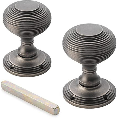 Solid Brass Beehive Mortice Door Knobs Set Victorian Style Quality Pair (Pewter Finish)