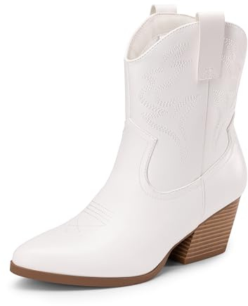 DREAM PAIRS Stivali da Cowboy da Donna Stivali Western Corti Ricamati con Punta e Tacchi a Zeppa,Size 41,Bianco,DWUMAB2504