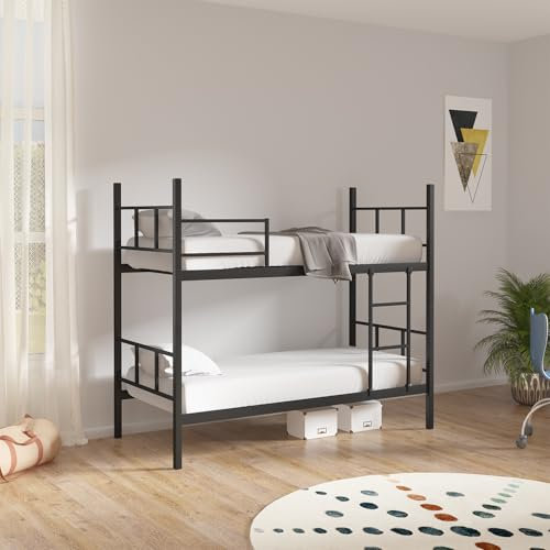 Defne Metall Etagenbett 90x200 cm – Doppelbett Funktion, stabiles Hochbett für Kinder, Jugendliche & Erwachsene, platzsparendes Bettgestell mit Sicherheitsgeländer & Leiter, einfache Montage, Schwarz