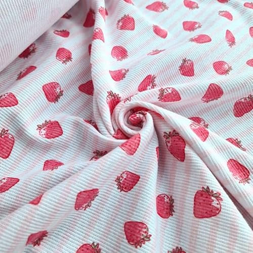 PAWOTEX Ripp jersey Rib Jersey Bedruckt Ribstrick Elastische Ökotex Rib Jersey Meterware für Bekleidung Kinder, Mädchen, Jungen oder Frauen Erdbeeren 100x50cm 240g