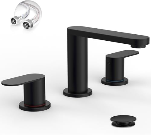 BWE Matte Black Bathroom Faucet 3 Hole - 8 Inch Widespread Bathroom Sink Faucet, Pop-up Drain and Supply Lines, 360° Swivel Spout 2-Handle Black Vanity Faucets for Bath