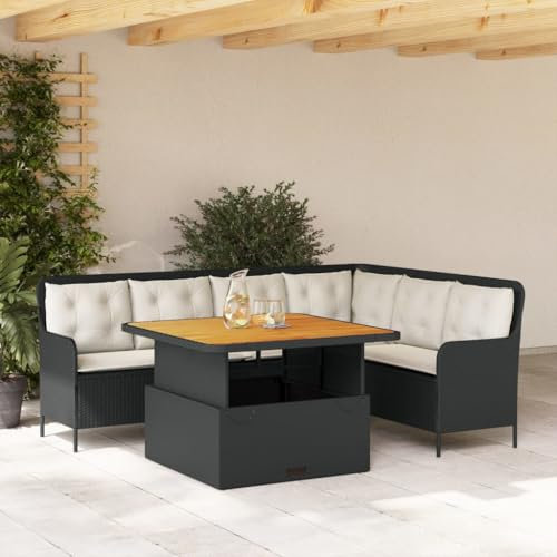 IKAYAA Polyrattan Lounge mit Verstellbare Esstisch 110 x 110 x 40/71 cm, Gartenlounge, Garten Sitzgruppe, Ecklounge, Ecksofa Lounge Möbel, Rattan Gartenmöbel Set inkl.Sitz- und Rückenkissen - Schwarz