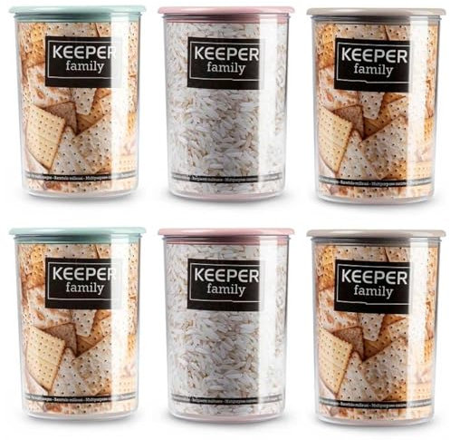 Acan Tradineur - Pack de 6 Botes de plástico Reutilizables, Modelo Keeper, recipientes, almacenaje, Galletas, legumbres, Cereales, café, Fabricados en España - 1 litro - 15 x 11 cm - Color Aleatorio