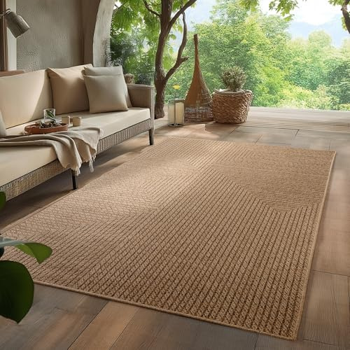 HomebyHome Outdoor Teppich 120x170 cm Wetterfest Pflegeleicht Jute Natur Optik Skandinavisches Design für Wohnzimmer Esszimmer Schlafzimmer Terrasse Balkon Garten