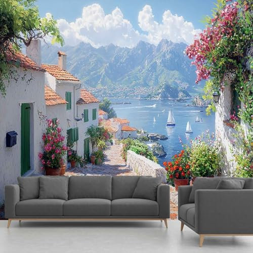 Papier Peint Ville Méditerranéenne, Papier Peint Panoramique Italie Paysage Nature, Papier Peint Autocollant Intissé Salon Chambre Bureau 350x256 cm Fresque Murale Adhésif