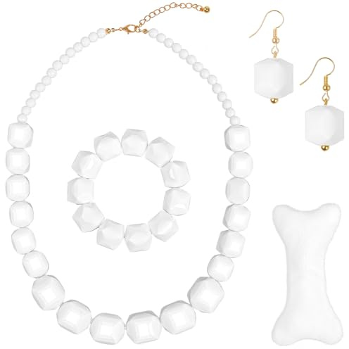 BTHRORO Wilde Höhlenmensch Kostüm Accessoires, Weißes Knochen Kurze Halskette Ohrringe Armband Höhlenmensch Stab Höhle Kostüm für Damen Herren Halloween Karneval Cosplay