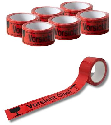 Vorsicht Glas Klebeband Zerbrechlich 48mm x 66m Rot (6 Rollen) – Extra Starkes Mehrsprachiges Verpackungsband – Leises Rollenset für Glas, Karton, Paket & Koffer – UV-Beständig & Reißfestes Packband
