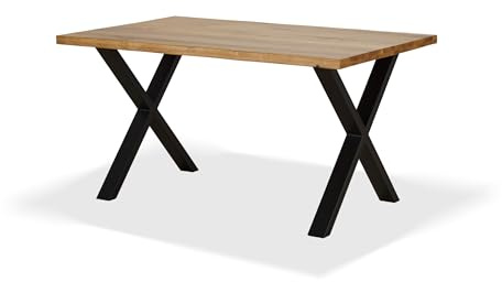 KHG Esszimmertisch Massivholz Eiche geölt mit X-Gestell Schwarz - 145 x 90 cm - für 4-6 Personen - moderner Esstisch mit stabilem Metallgestell, Küchentisch bis 100 kg belastbar