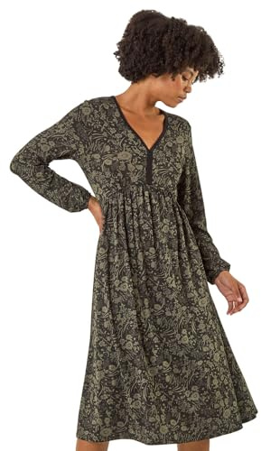 Roman Stretch Jersey Dress for Women UK Ladies Gathered Waist A Line Swing Skater Fit & Flare A Line Winter Autumn Knee Length V-Neck Casual Smart Cocktail Party - Khaki Noir - Size 14