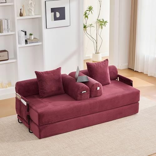 A ALFRESCOOL Modulares Sofa, Boneless Couch, Schlafsofa, Sofa mit Schlaffunktion, Zusammenlegbares, Robustem Metallrahmen, Seitentaschen + 3 Kissen, 200×94×67cm (Burgunderrot)