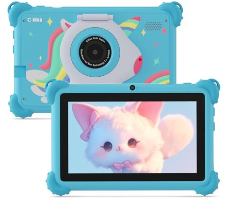 C idea 7 Zoll Tablet für Kinder von 3 bis 7 Jahren, Android-Tablet, 4 (2 + 2) GB RAM + 32 GB ROM, IPS-Display 1024 x 600, WLAN, Bluetooth, iWawa vorinstalliert, mit Schutzhülle (blau)