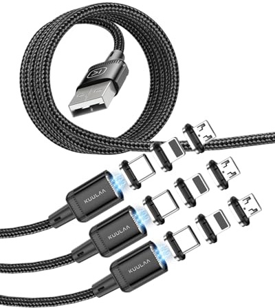 Kuulaa Câble de charge magnétique de 3x1 m, câble Lightning magnétique, chargeur de téléphone portable, charge rapide 3 A avec adaptateurs de charge 3 en 1, câble de téléphone portable gainé de nylon