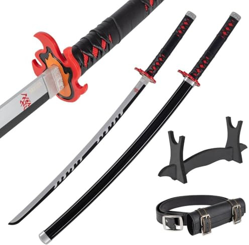 Katana i Trä 77 cm med Bälte och Ställ - Daemon Slayer Dekorativt Japanskt Svärd för Anime Cosplay, Maskerad och Rollspel - Wakizashi Träsvärd - Kort Samurajsvärd i Bambuträ (Ej Vasst)