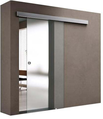 doporro Porta Scorrevole in Cristallo Temperato 77,5x205 cm con Binario Esterno Muro e Ammortizzatore, Porta Vetro Satinato 8 mm, Porta Interna Scorrevole per Bagno Cucina Ufficio Studio