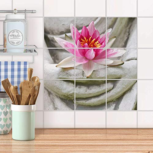 Fliesenbild für Bad und Küche I Fliesen Aufkleber Folie selbstklebend I Fliesen renovieren - Fliesenverkleidung für Küchen- und Badfliesen I Design: Flower Buddha