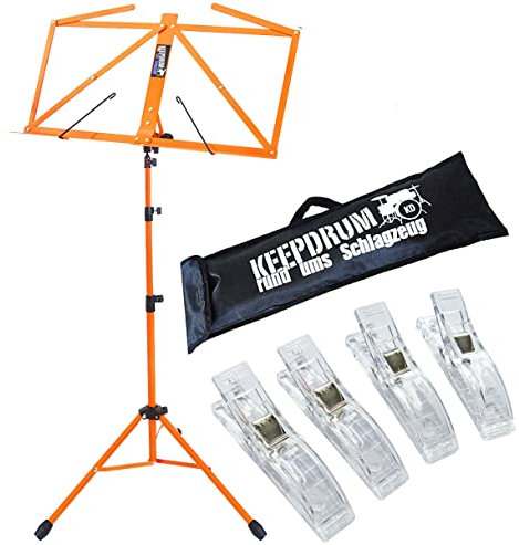 keepdrum MUS3OR Notenstaender Orange + Tasche + 4 Stück Clip Notenklammer
