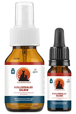 Vitalpfoten Kolloidales Silber 25ppm 50 ml Sprühflasche + 10 ml Pipettenflasche für Hunde, Katzen und andere Haustiere, höchste Reinheit und Qualität durch Elektrolyse Herstellung